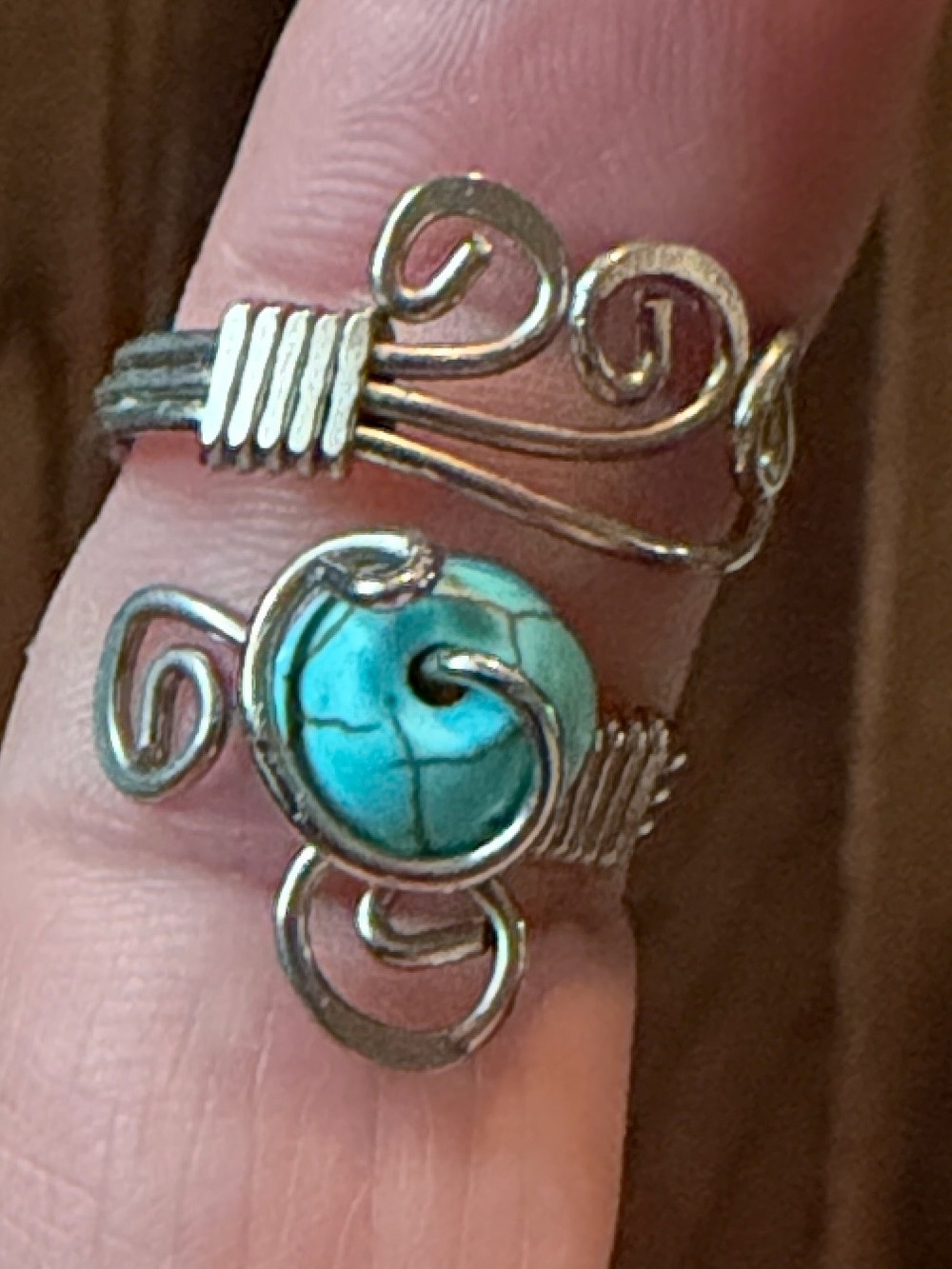 Handcrafted SilverTone Wire Turquoise Ring - Blue Accent Adjustable